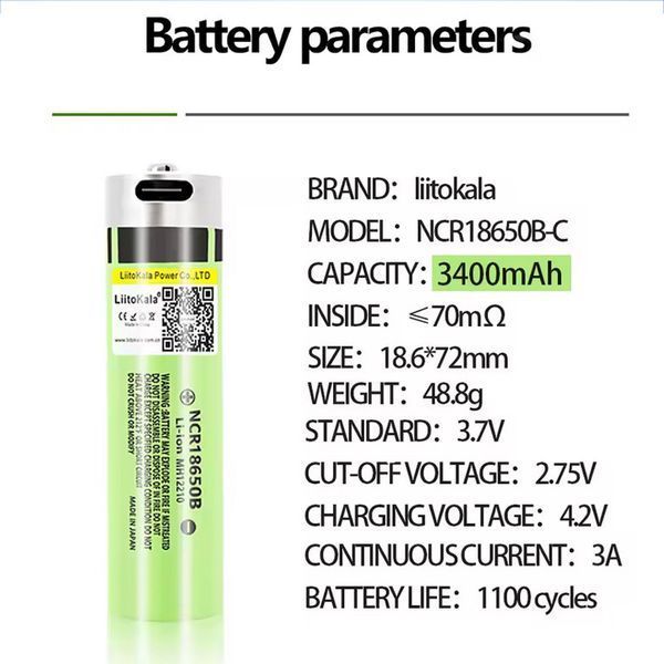 Акумулятор 18650, LiitoKala USB-34B, 3400mah, із вбудованим USB портом для заряджання, захист 10219 фото