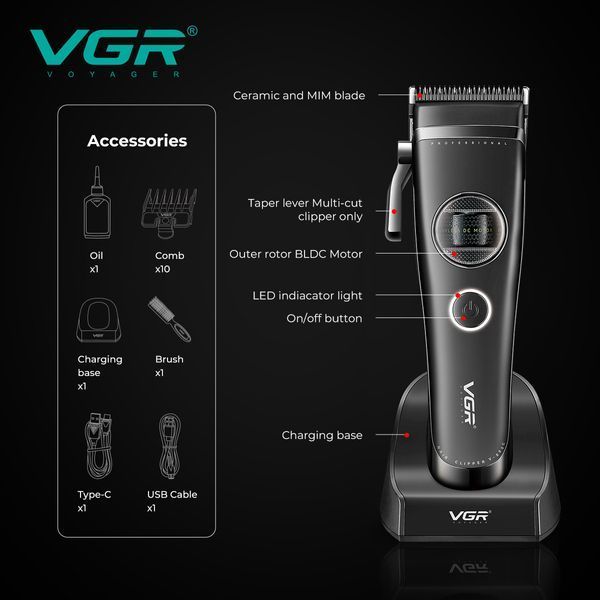 Машинка для стрижки VGR V-880C BLACK, EXTERNAL ROTOR MOTOR, MIM Blade, 11 насадок, док-станція 11277 фото