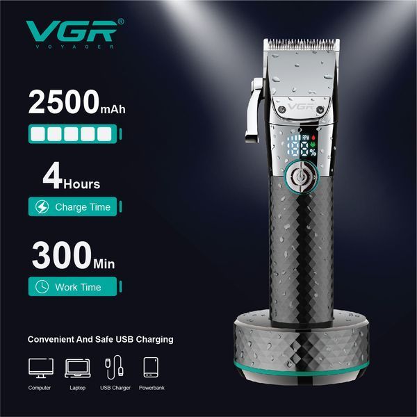 Професійна вологостійка машинка для стрижки VGR V-682 з LED-дисплеєм та 6 насадками 10524 фото