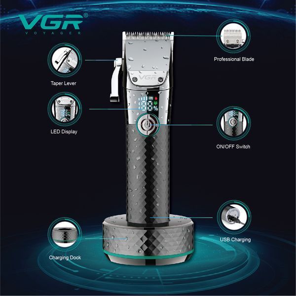 Професійна вологостійка машинка для стрижки VGR V-682 з LED-дисплеєм та 6 насадками 10524 фото