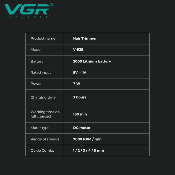 Триммер VGR V-935 Green машинка для стрижки волос и бороды, 7000 об/мин, 5 насадок, LED дисплей, аккумулятор 11207 фото