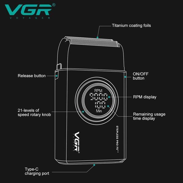 Електробритва VGR V-377 BLACK - шейвер з подвійним лезом, LED дисплеєм та регулюванням швидкості 9030 фото
