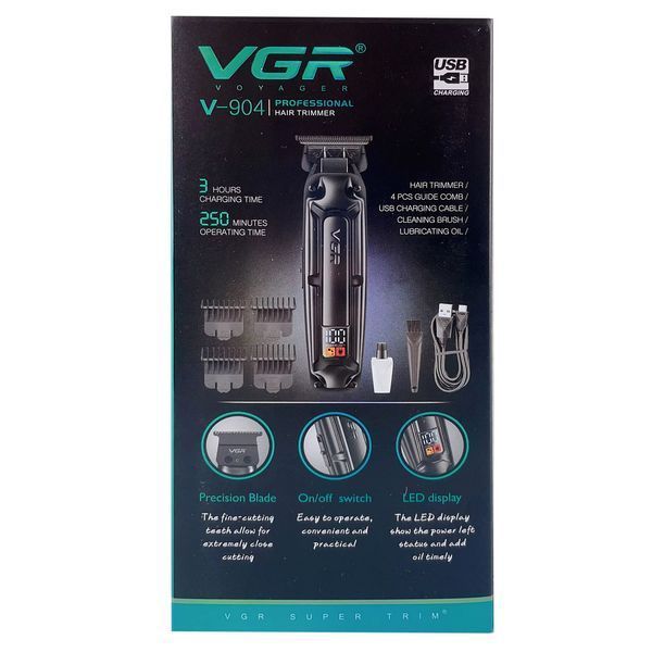 Акумуляторна машинка для стрижки (clipper) VGR V-904 GOLD, 4 насадки, 2000 mAh, LED display 11204 фото