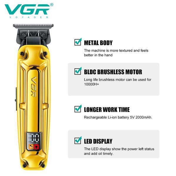 Акумуляторна машинка для стрижки (clipper) VGR V-904 GOLD, 4 насадки, 2000 mAh, LED display 11204 фото